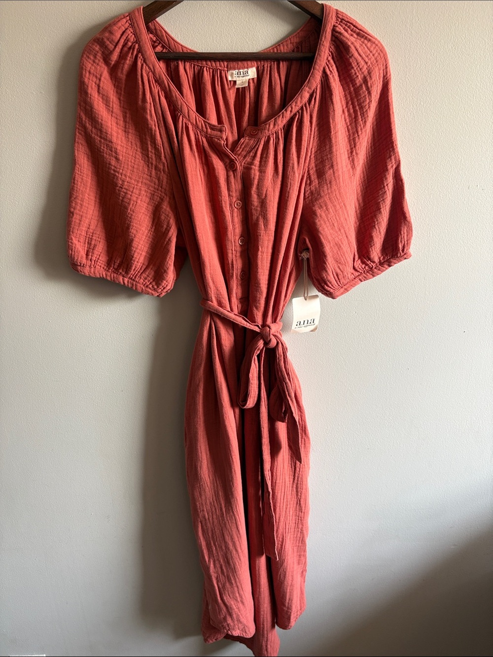 a.n.a NWT Terracotta Rust Cotton Gauze Midi Dress Large Boho Fall